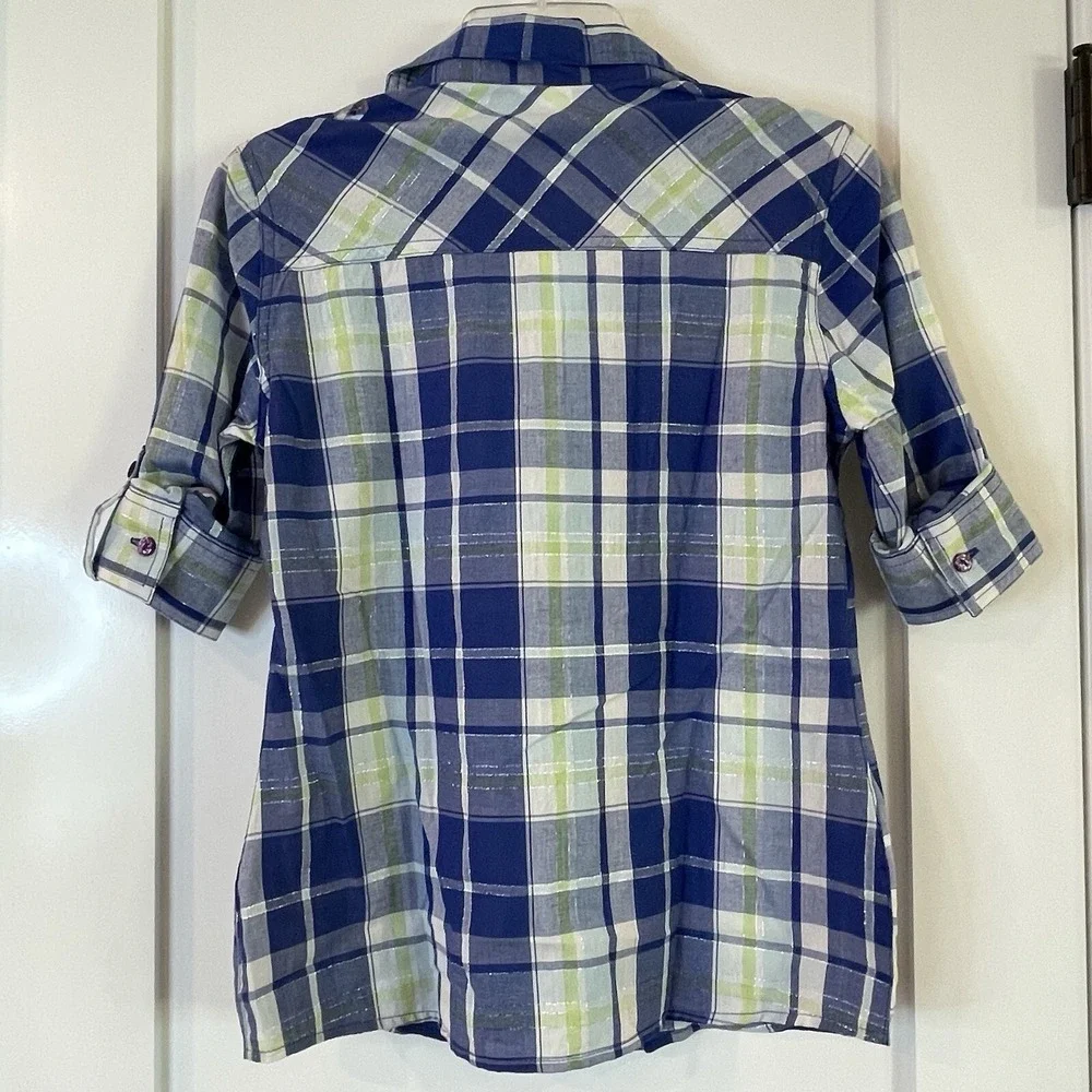 NWT Girls Shirt Top Blue‎ Plaid Roll Tab Long 3/4 Sleeve Cowgirl Cottage Prairie